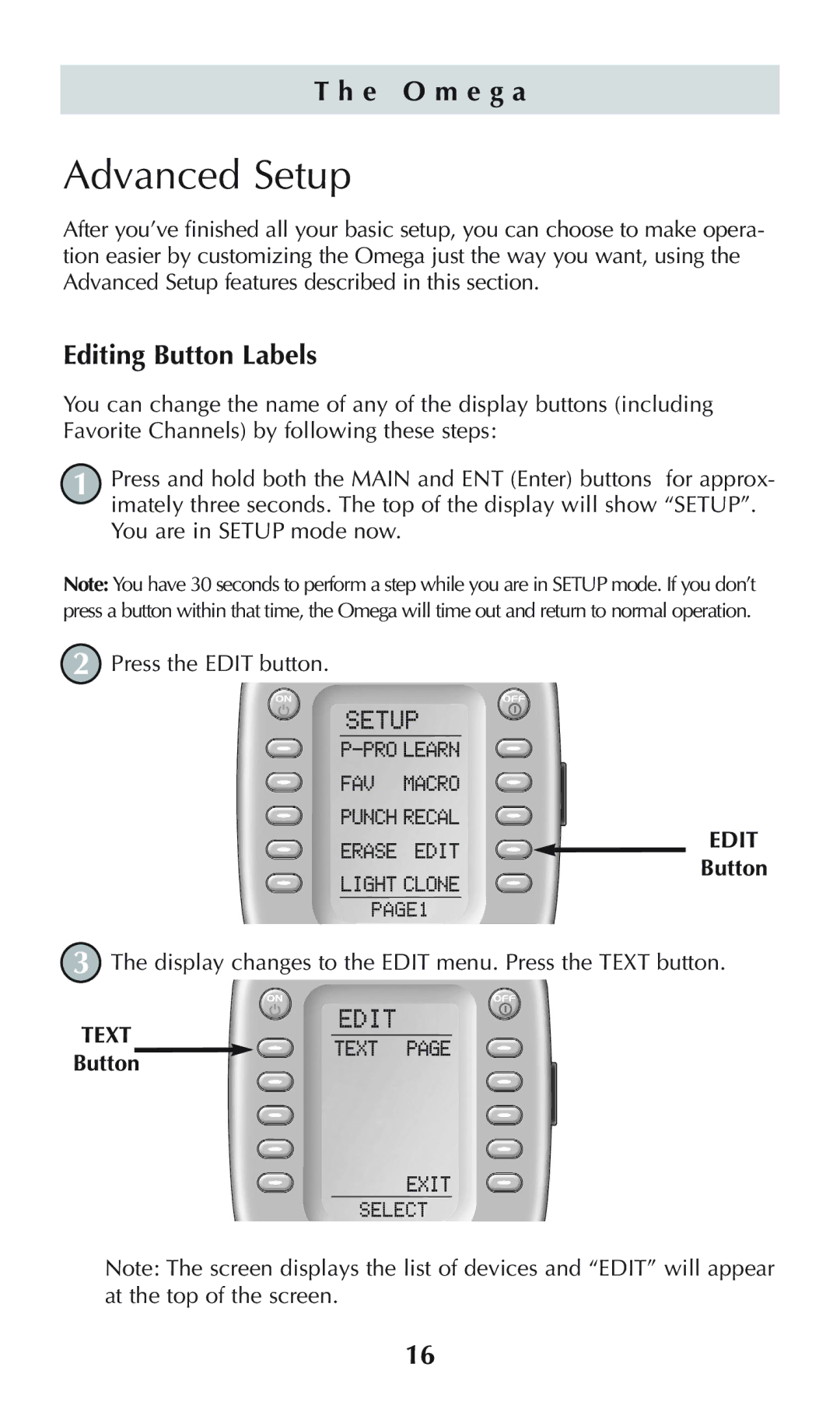 Universal Remote Control omega MX-650 owner manual Advanced Setup, Editing Button Labels 