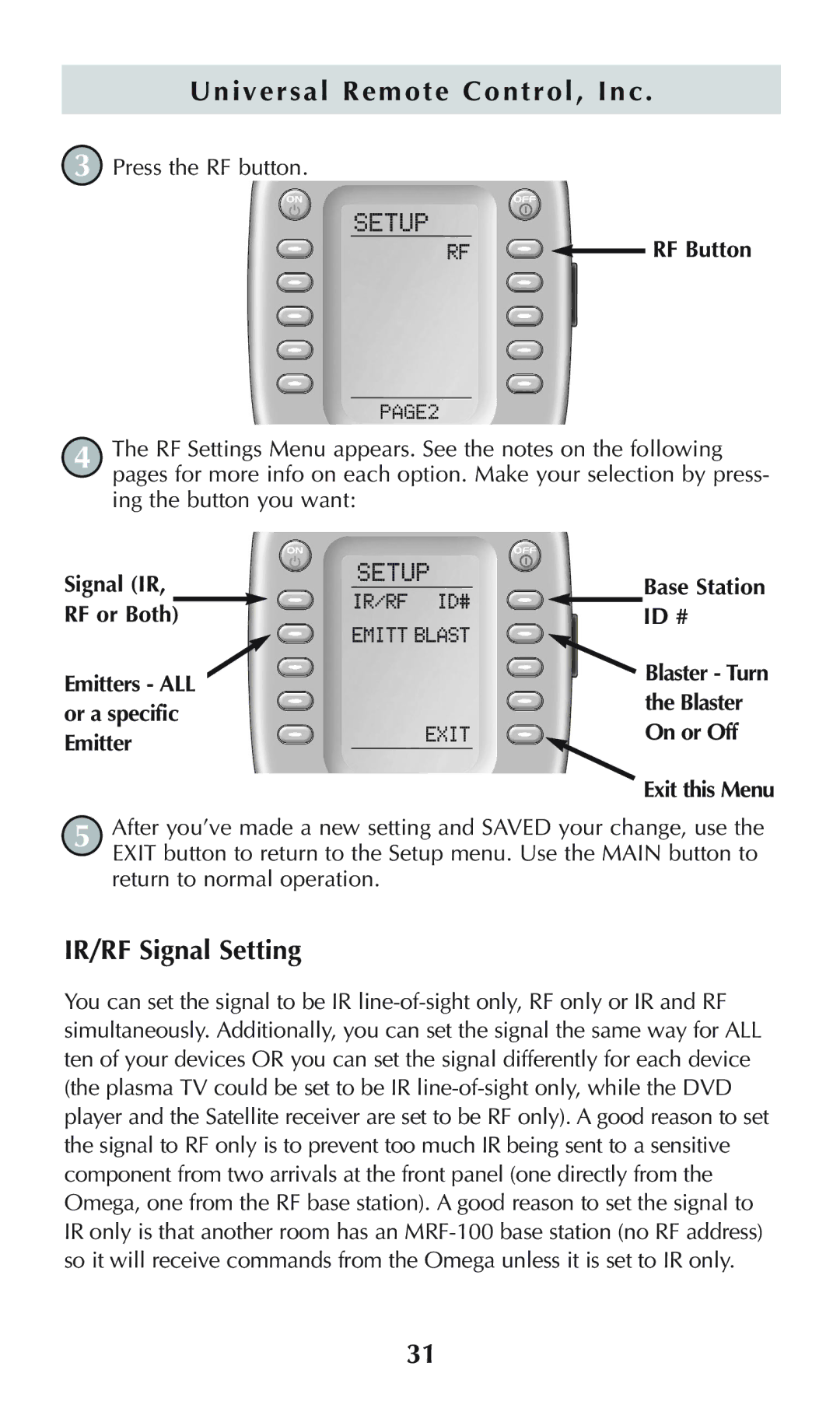 Universal Remote Control omega MX-650 owner manual IR/RF Signal Setting, RF Button, Exit this Menu 