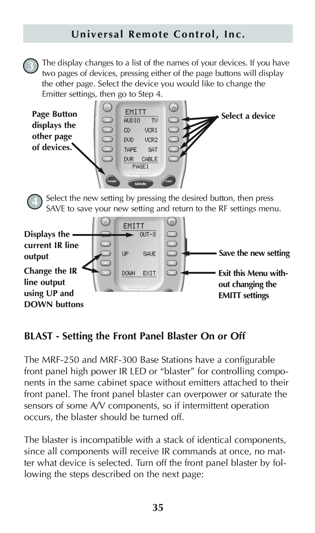 Universal Remote Control omega MX-650 Universal Remote Control, Inc, Blast Setting the Front Panel Blaster On or Off 