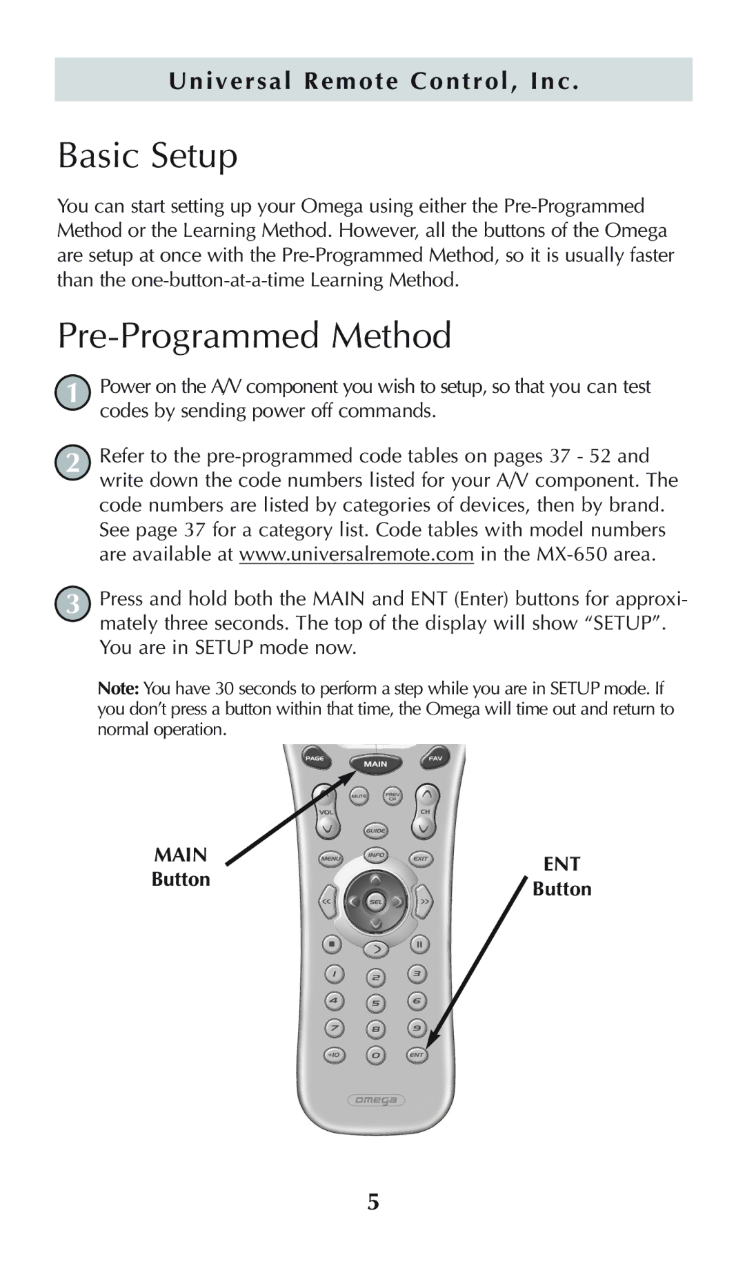 Universal Remote Control omega MX-650 owner manual Basic Setup, Pre-Programmed Method, Codes by sending power off commands 