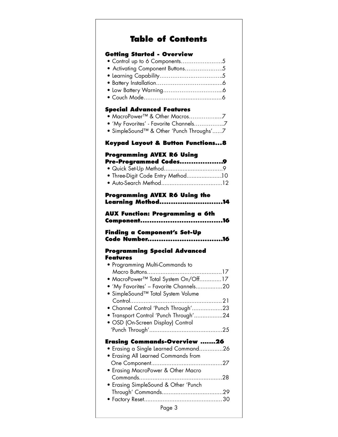 Universal Remote Control R6 manual Table of Contents 