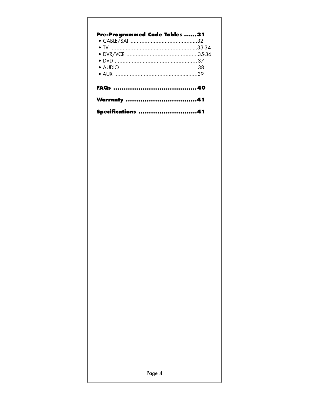 Universal Remote Control R6 manual Pre-Programmed Code Tables, FAQs Warranty Specifications 