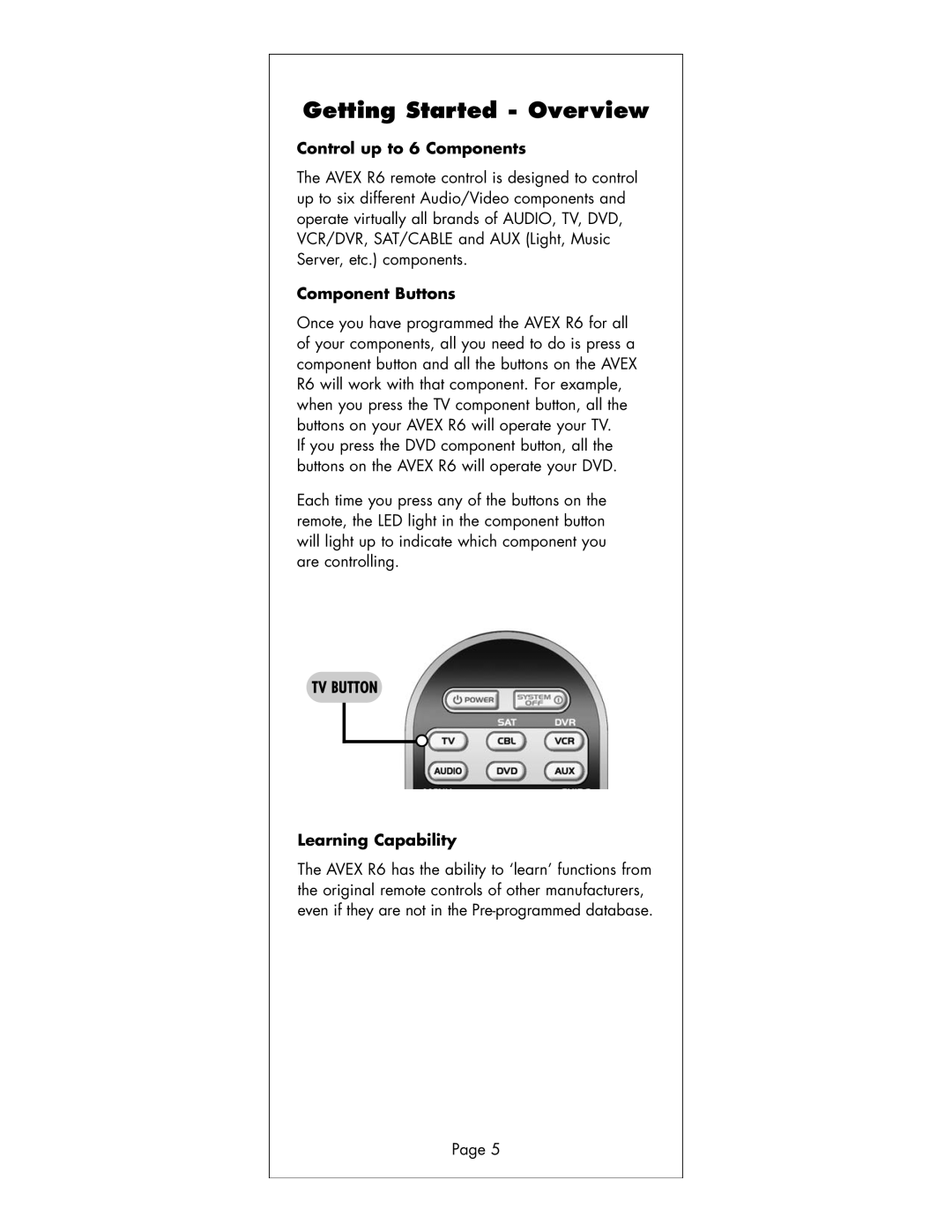 Universal Remote Control R6 manual Getting Started Overview, Control up to 6 Components, Component Buttons, TV Button 