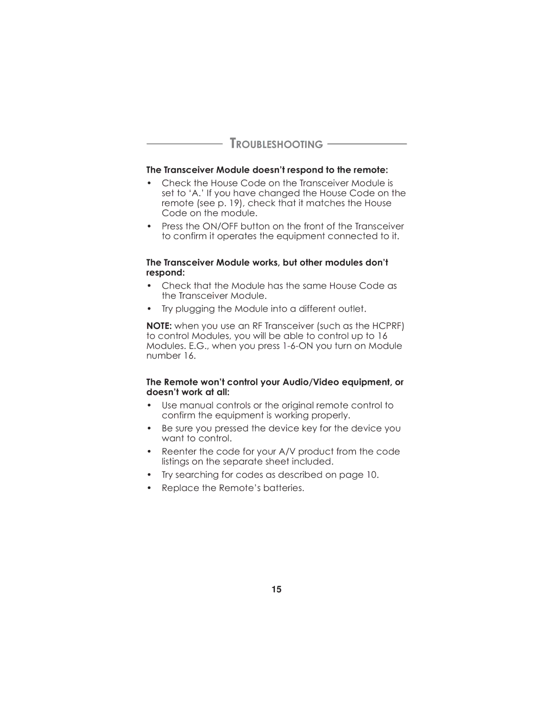 Universal Remote Control Remote control HCCUR Troubleshooting, Transceiver Module doesn’t respond to the remote 