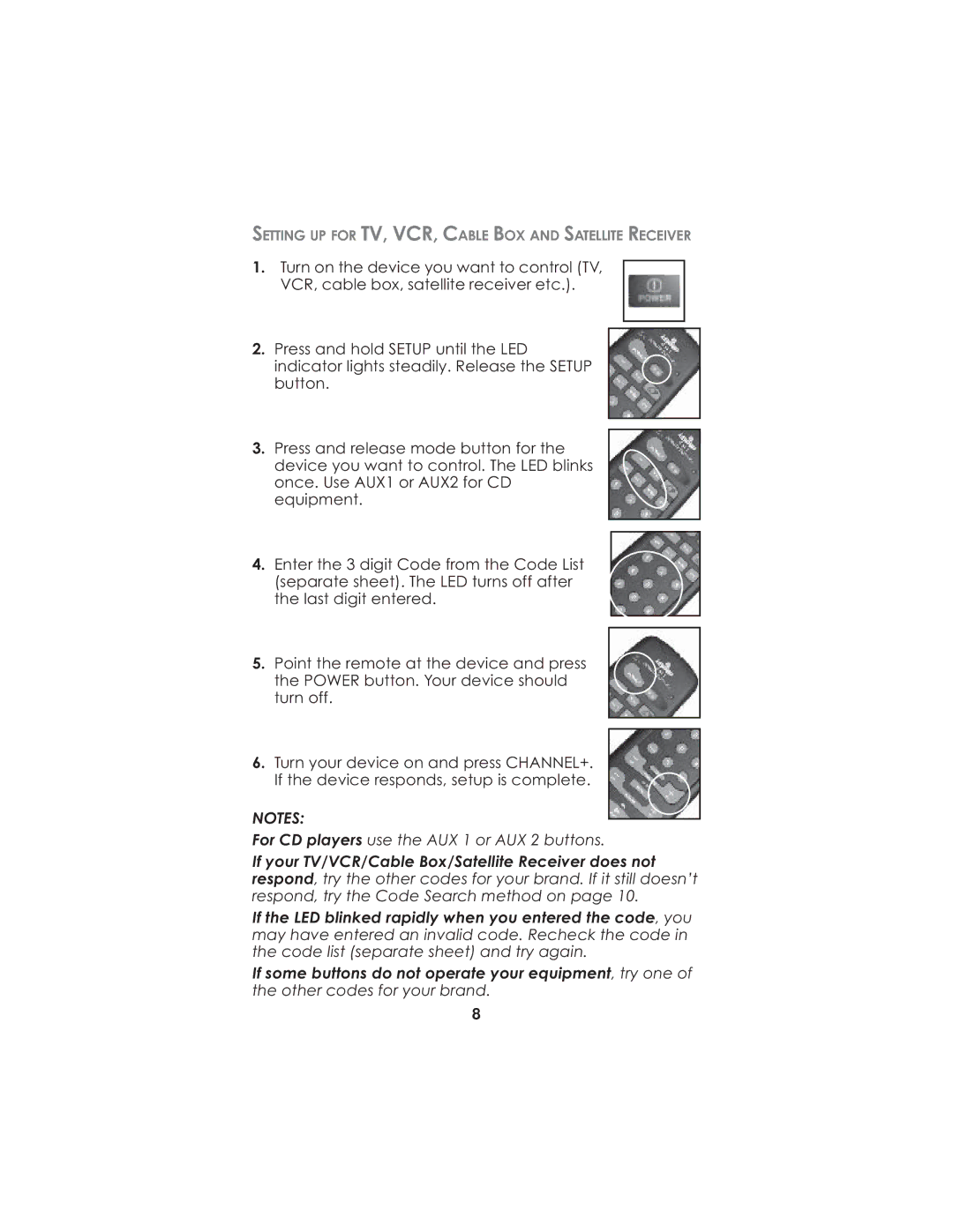 Universal Remote Control Remote control HCCUR owner manual For CD players use the AUX 1 or AUX 2 buttons 