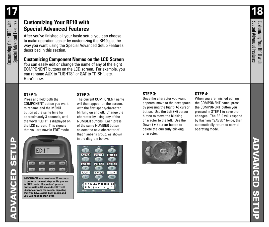 Universal Remote Control manual Customizing Your RF10 with, Special Advanced Features 