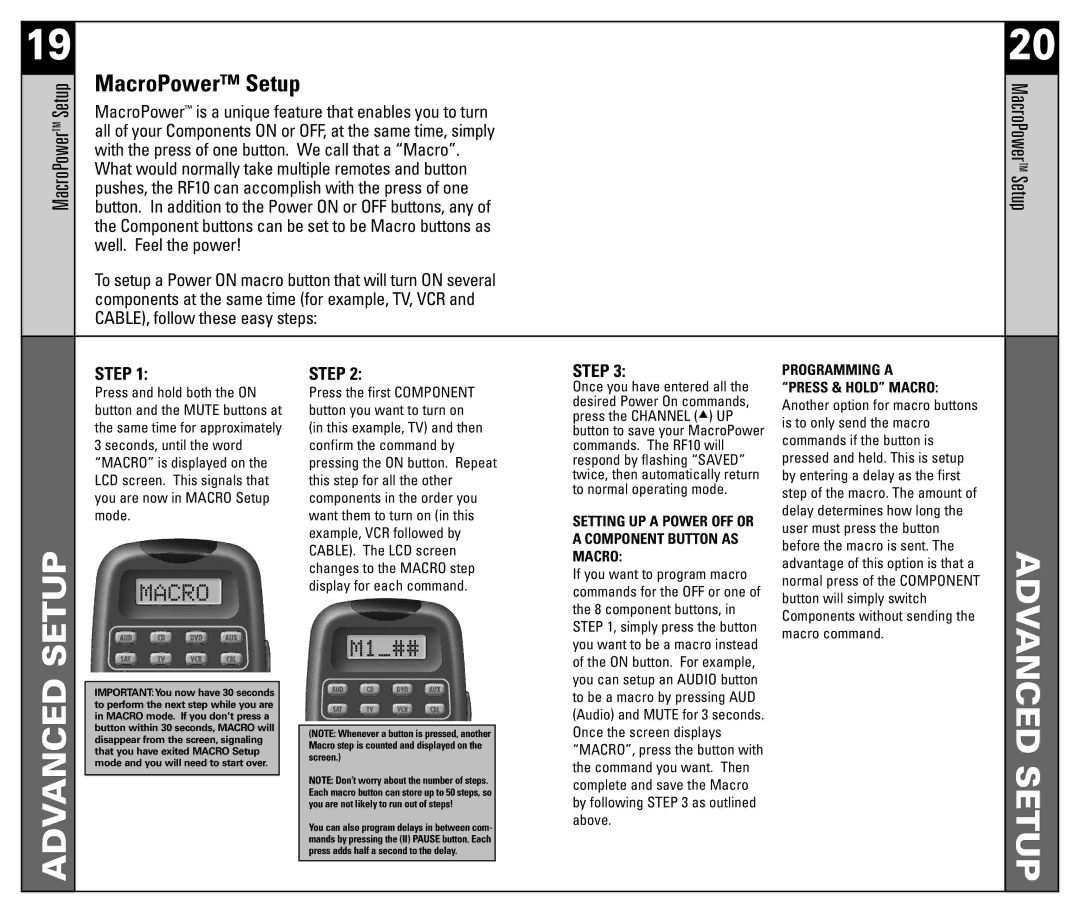 Universal Remote Control RF10 manual MacroPower Setup 