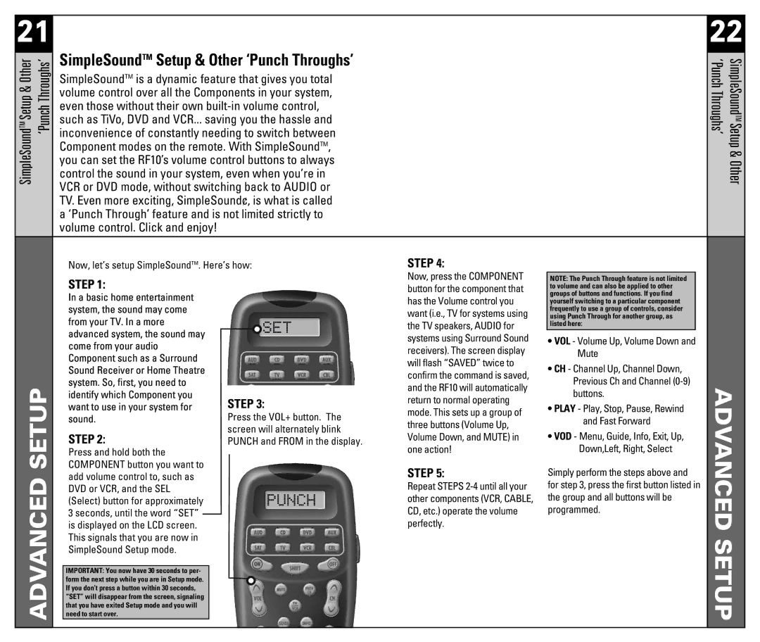 Universal Remote Control RF10 manual SimpleSoundTM Setup & Other ‘Punch Throughs’ 