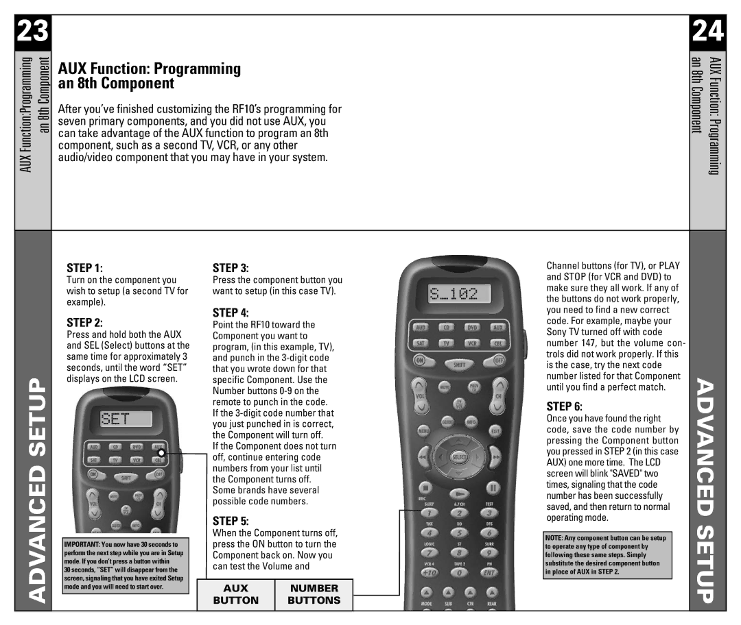 Universal Remote Control RF10 manual AUX Function Programming, An 8th Component 