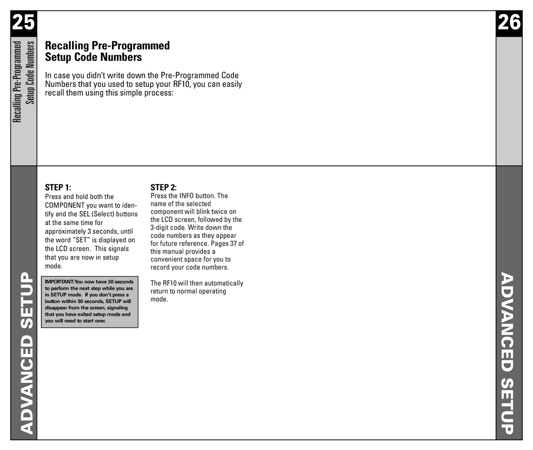 Universal Remote Control RF10 manual Advanced Setup, Recalling Pre-Programmed Setup Code Numbers 