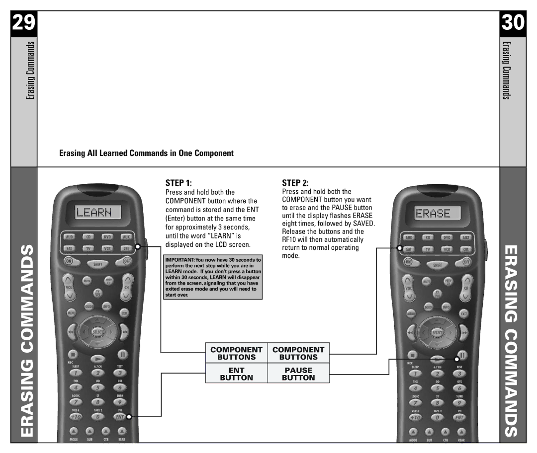 Universal Remote Control RF10 manual Commands, Erasing 