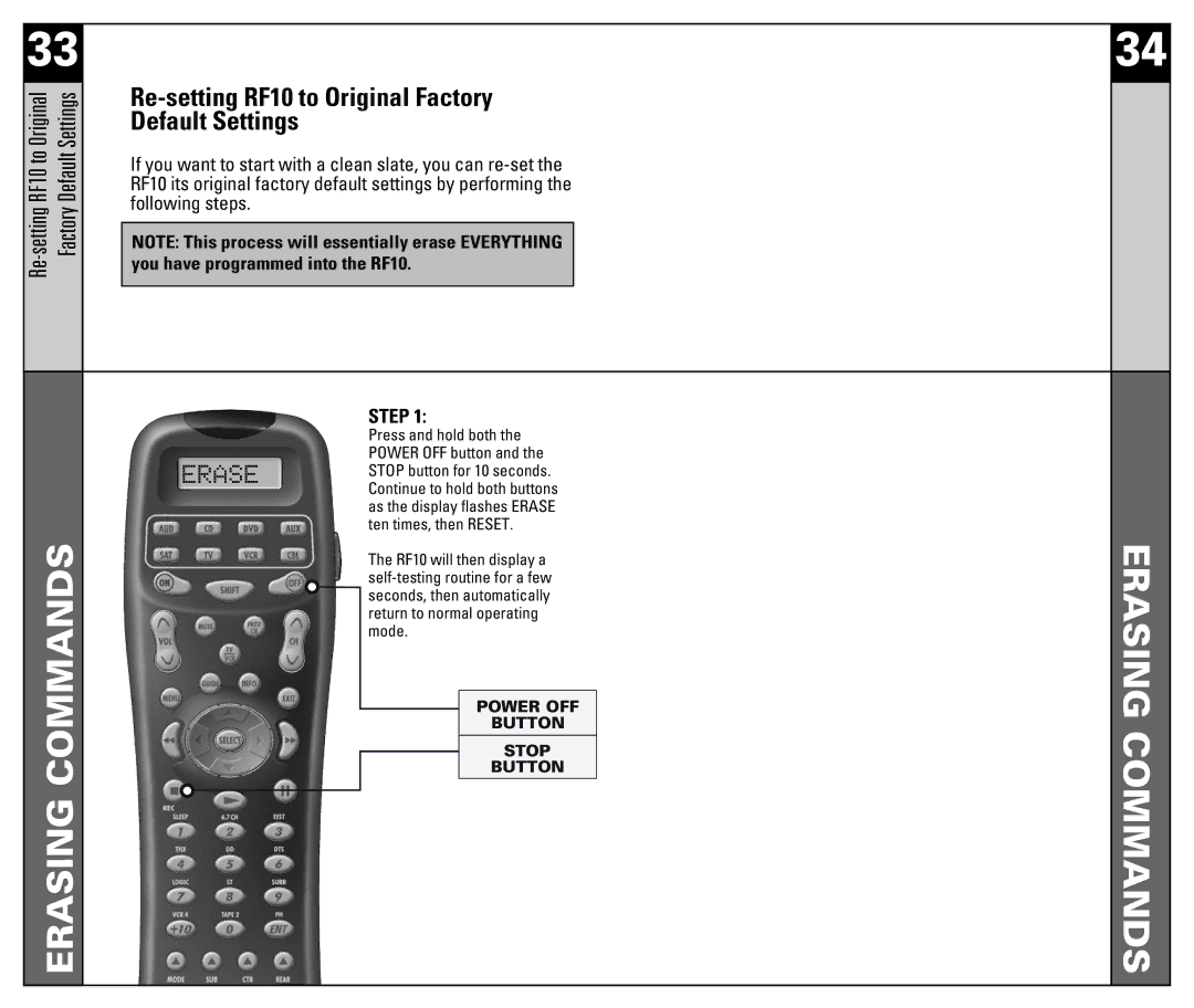 Universal Remote Control manual Re-setting RF10 to Original Factory Default Settings 