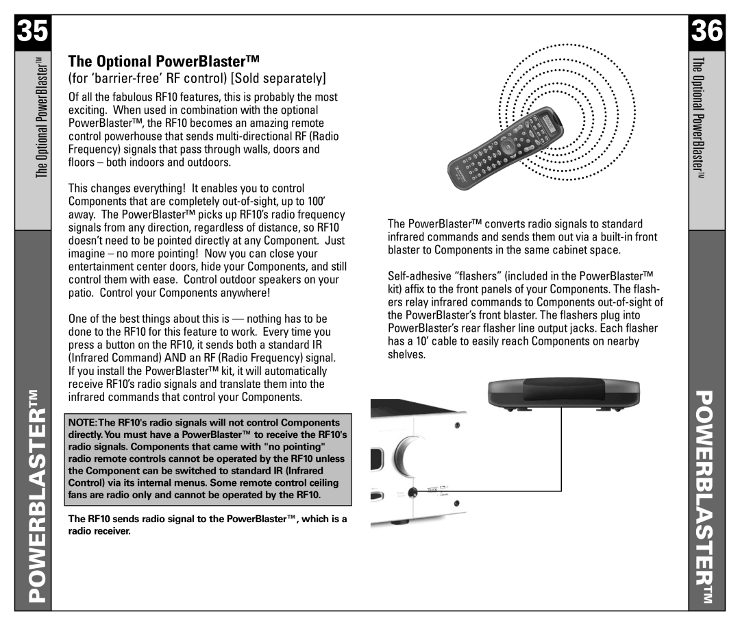 Universal Remote Control RF10 manual Powerblastertm, Optional PowerBlaster 