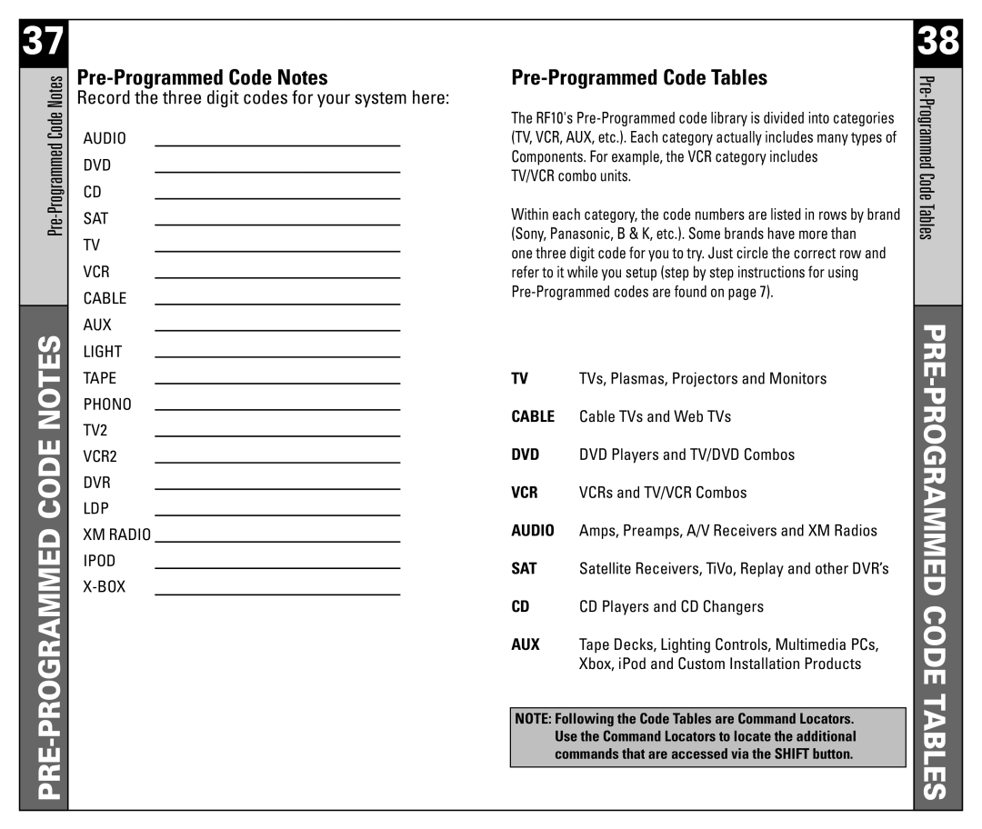 Universal Remote Control RF10 manual Pre-Programmed Code Notes, Pre-Programmed Code Tables 