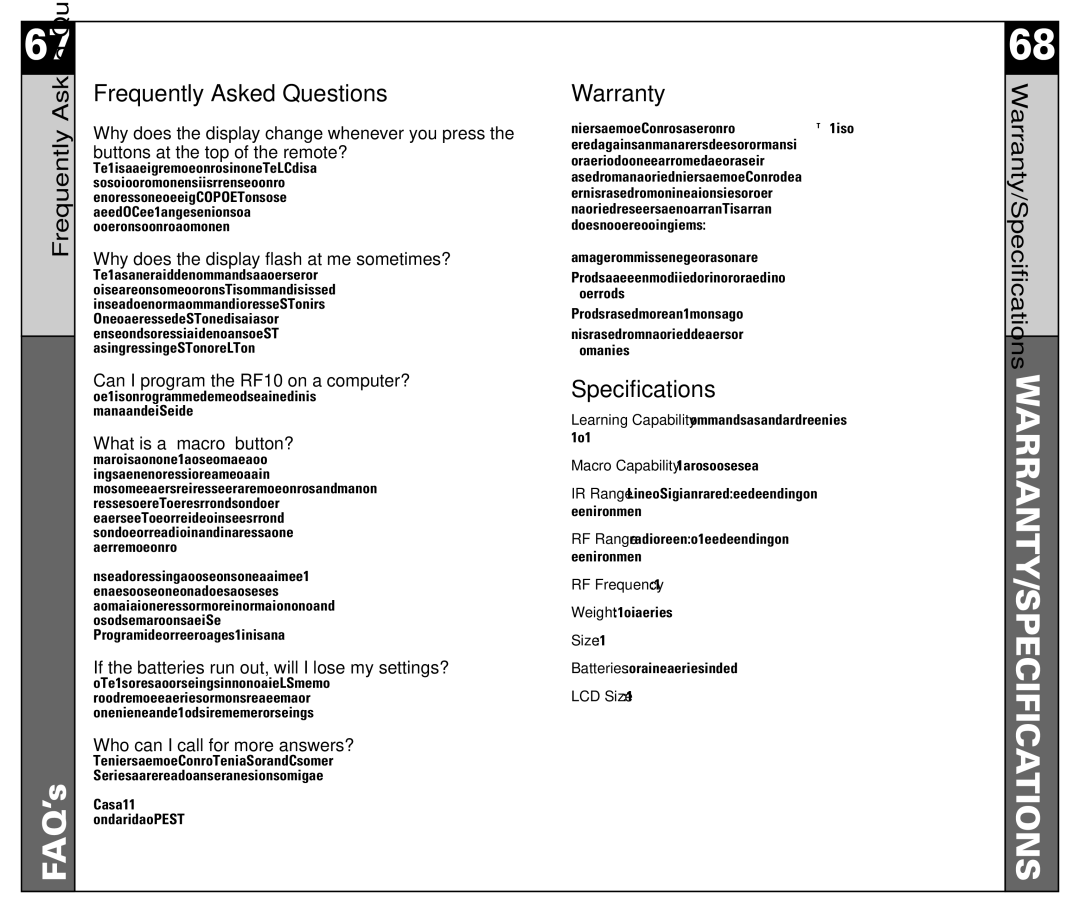 Universal Remote Control RF10 manual Warranty/Specifications, Frequently Asked Questions 