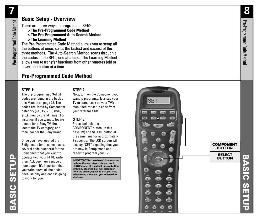 Universal Remote Control RF10 manual Basic Setup Overview, Pre-Programmed Code Method 