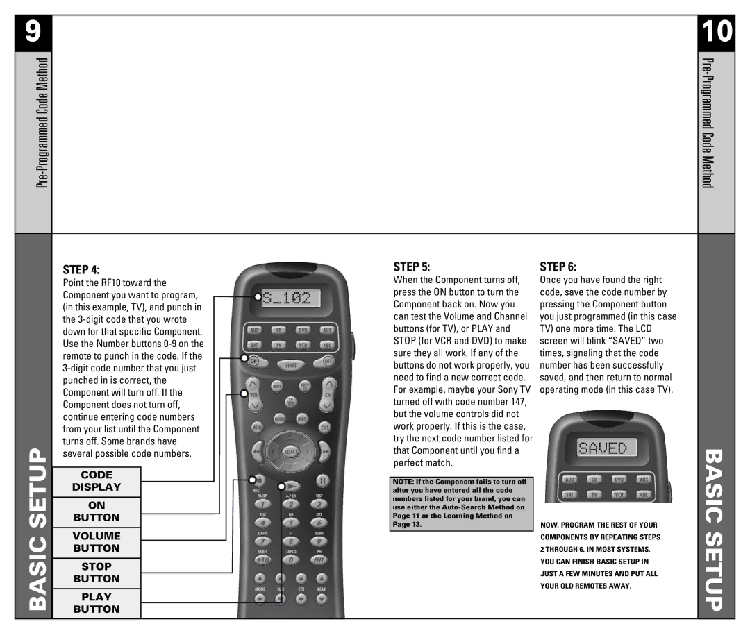 Universal Remote Control RF10 manual Pre-Programmed Code Method 