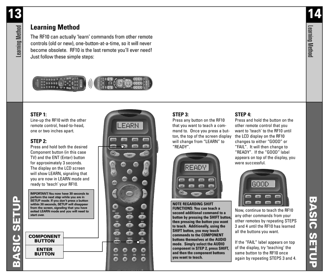 Universal Remote Control RF10 manual Learning Method 