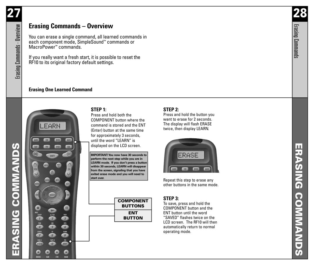 Universal Remote Control Erasing Commands - Overview, RF10 to its original factory default settings, Step, Component 