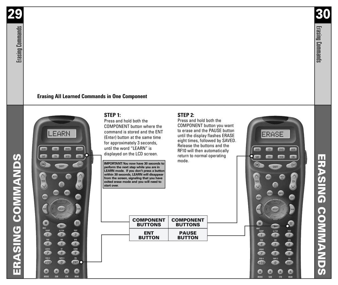 Universal Remote Control RF10 manual Erasing Commands, Erasing All Learned Commands in One Component, Step, Buttons 