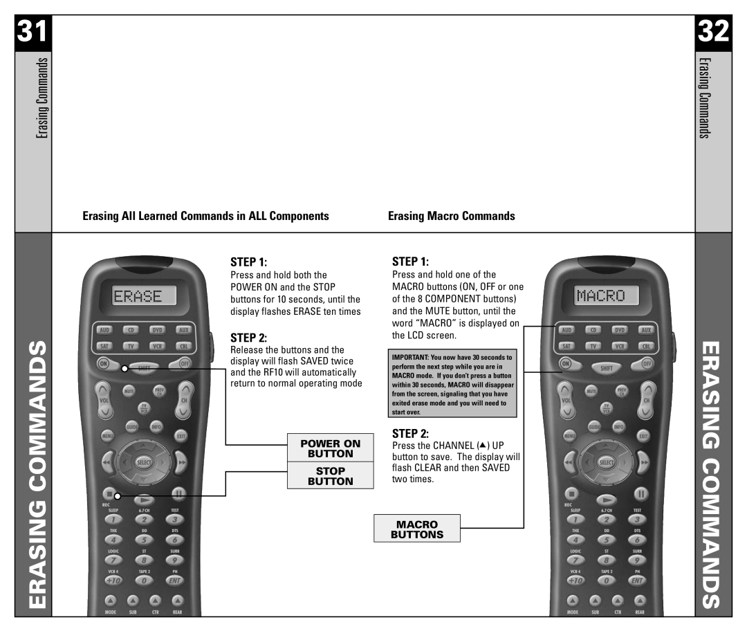 Universal Remote Control RF10 manual Erasing Commands, Erasing All Learned Commands in ALL Components, Step 