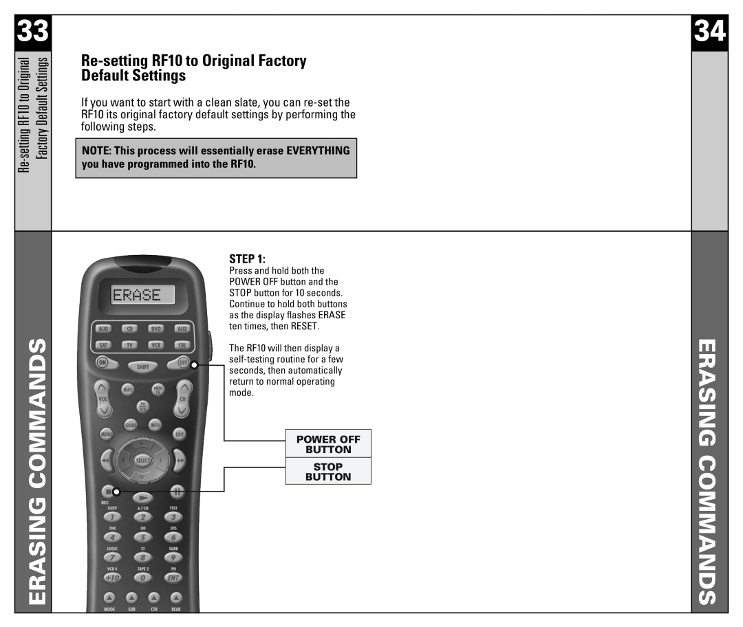 Universal Remote Control Re-setting RF10 to Original Factory, Default Settings, following steps, Step, Power Off, Stop 