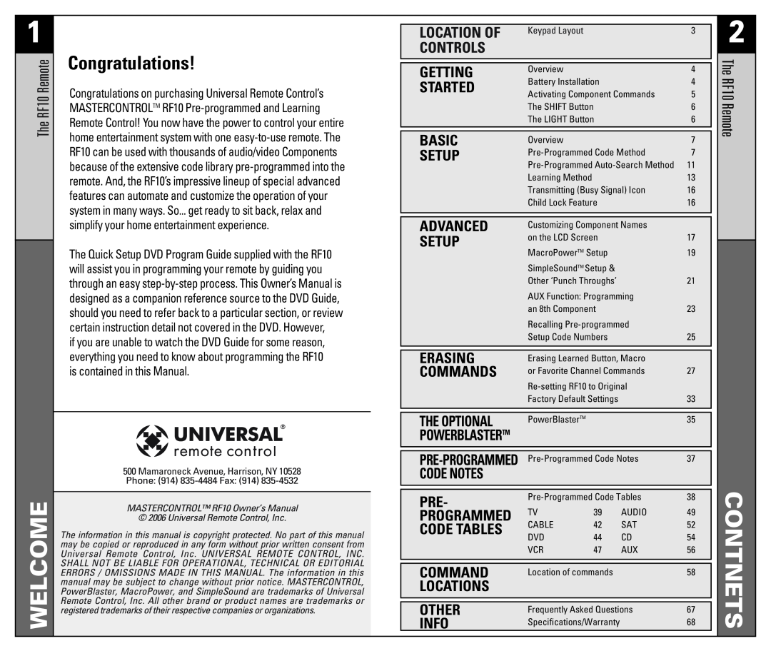 Universal Remote Control RF10 manual Welcome, Congratulations 
