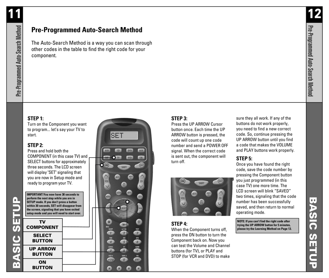 Universal Remote Control RF10 manual Setup, Basic, Pre-Programmed Auto-Search Method, Step 