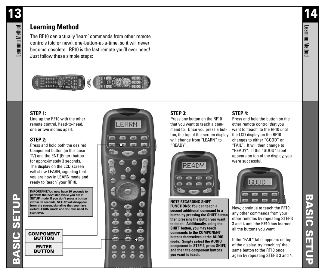 Universal Remote Control RF10 manual Learning Method, Basic Setup, Step, Component Button Enter Button 