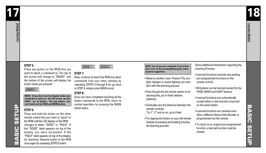 Universal Remote Control RF20 manual Some additional Information regarding the Learning Process 