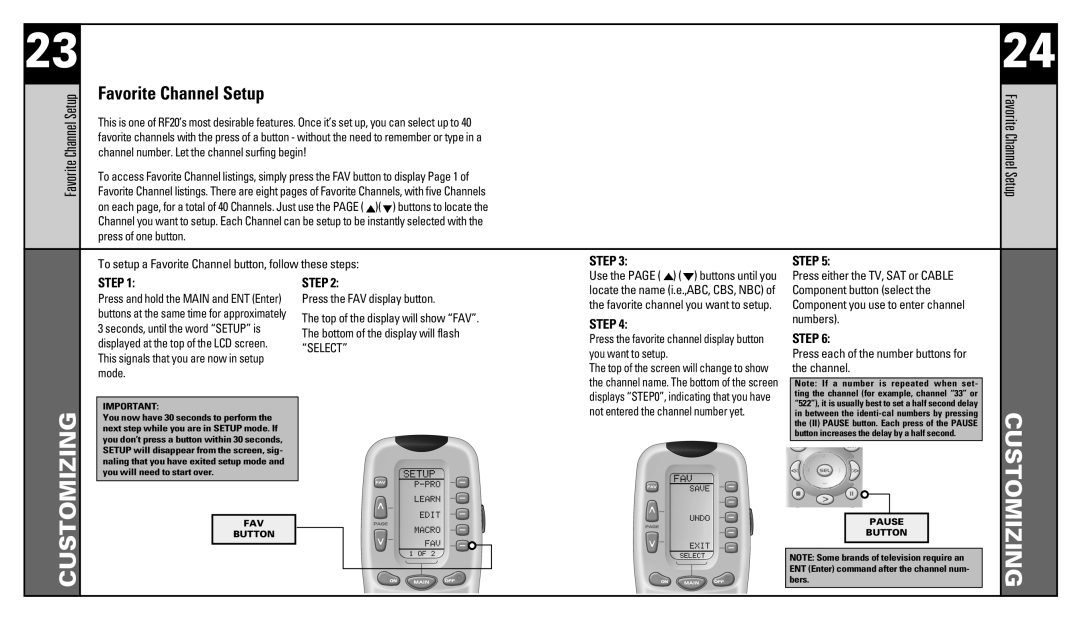 Universal Remote Control RF20 manual Favorite Channel Setup, Not entered the channel number yet 