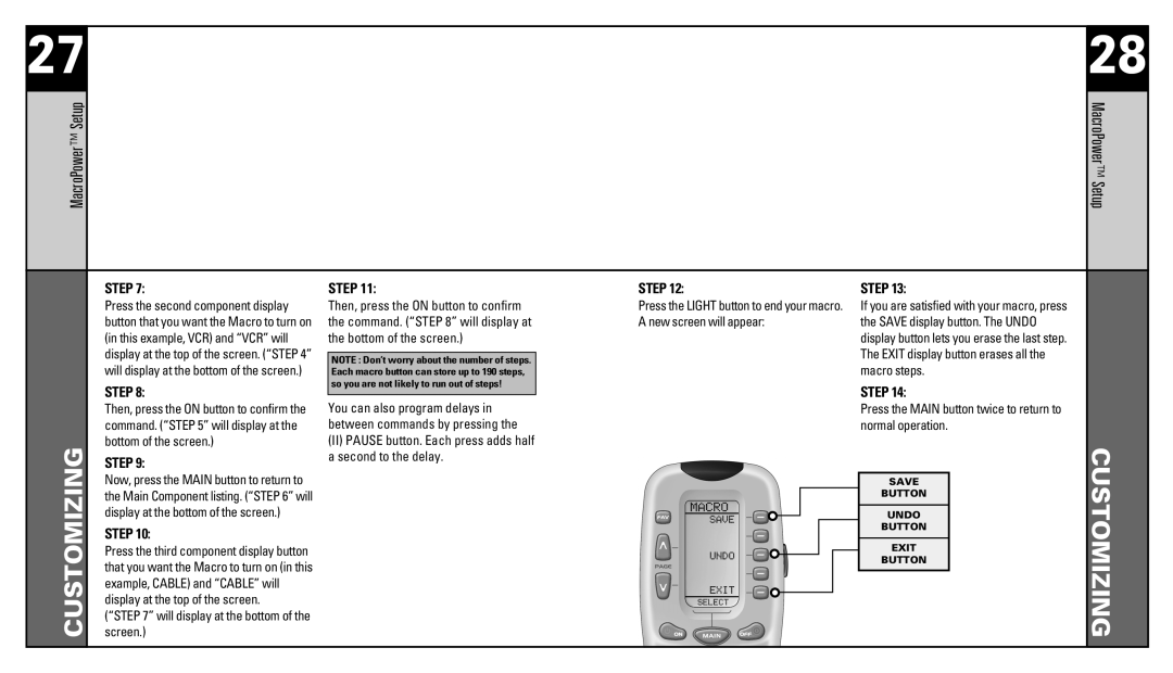 Universal Remote Control RF20 manual MacroPower Setup, Press the Main button twice to return to normal operation 