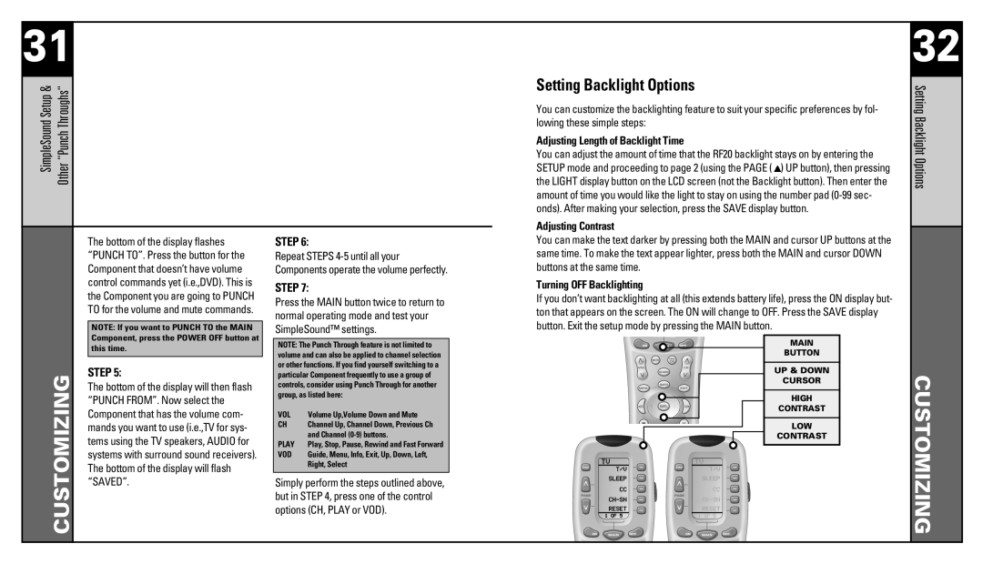 Universal Remote Control RF20 manual Setting Backlight Options, Adjusting Length of Backlight Time, Adjusting Contrast 