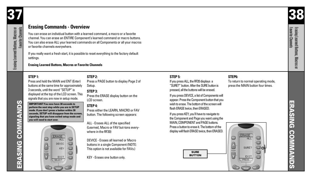 Universal Remote Control RF20 manual Erasing Commands Overview, Erasing Learned Buttons, Macros or Favorite Channels 