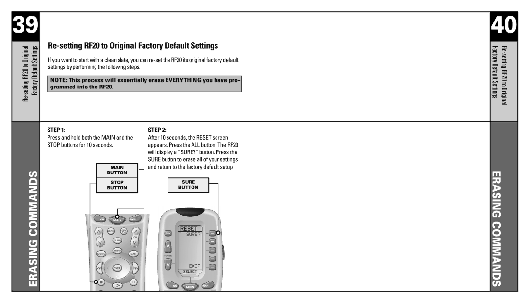 Universal Remote Control Re-setting RF20 to Original Factory Default Settings, Return to the factory default setup 