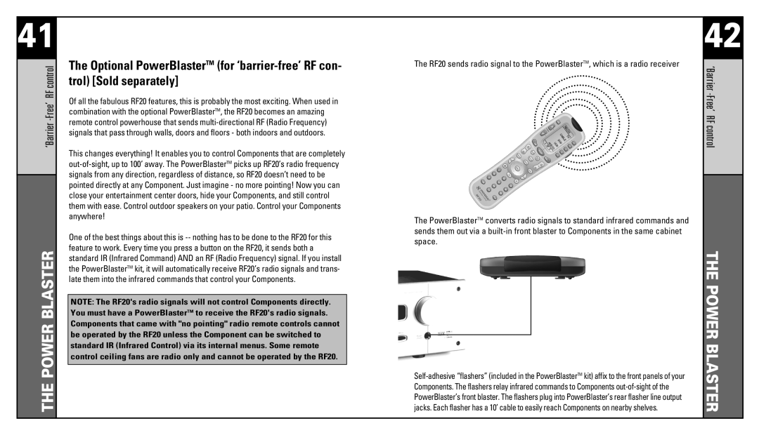 Universal Remote Control RF20 manual Power Blaster, ‘Barrier -Free’ RF control 