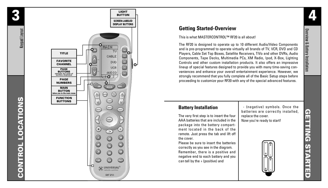 Universal Remote Control RF20 manual Control Locations, Getting Started-Overview 