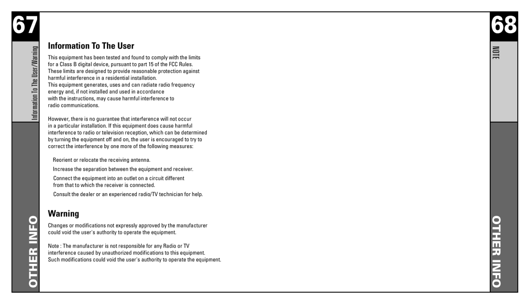 Universal Remote Control RF20 manual Information To The User/Warning 