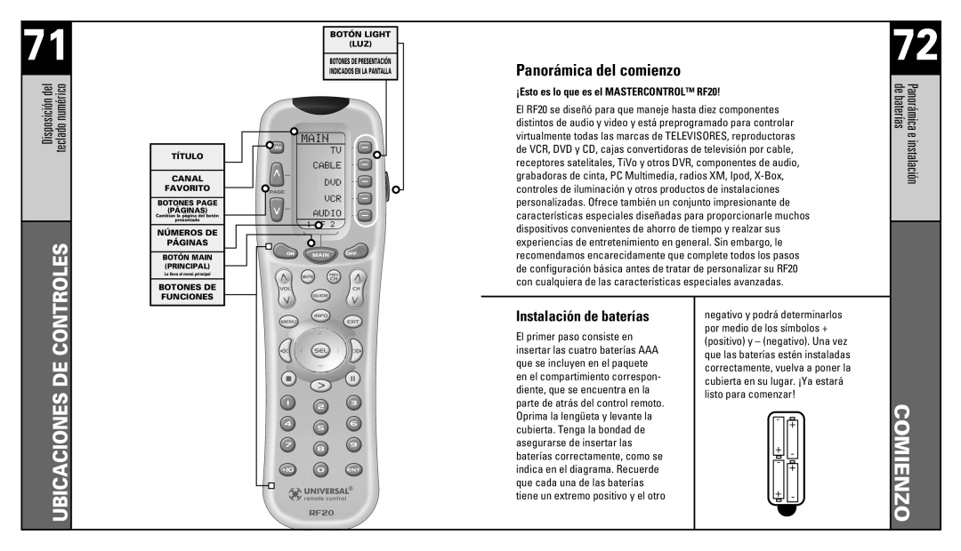 Universal Remote Control manual Comienzo, Panorámica del comienzo, ¡Esto es lo que es el Mastercontrol RF20 