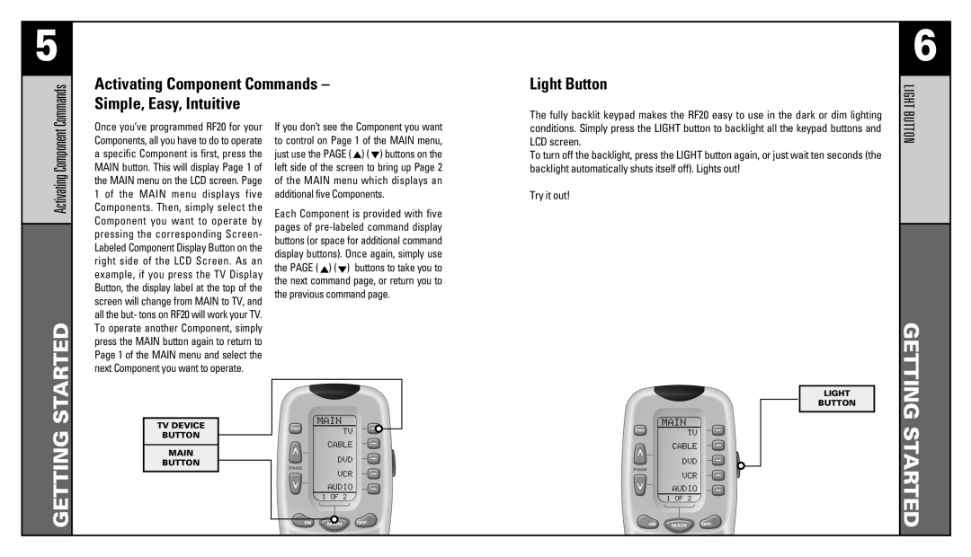 Universal Remote Control RF20 manual Started, Getting, Light Button, Activating Component 