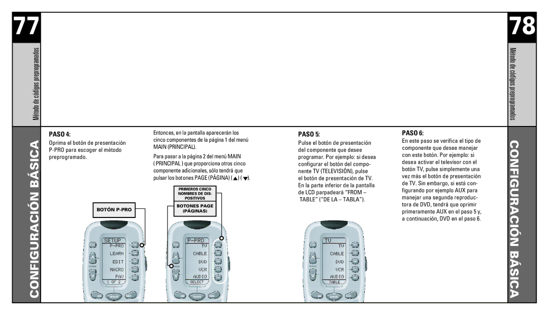 Universal Remote Control RF20 manual Configuración Básica Método de códigos preprogramados 