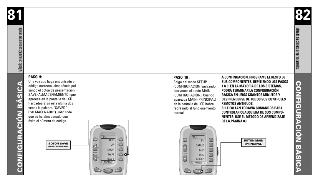 Universal Remote Control RF20 Básica Método de autobúsqueda programada, Método de códigos preprogramadosCONFIGURACIÓN 