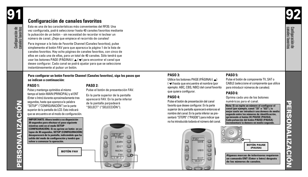 Universal Remote Control RF20 manual Configuración de canales favoritos, Se indican a continuación 