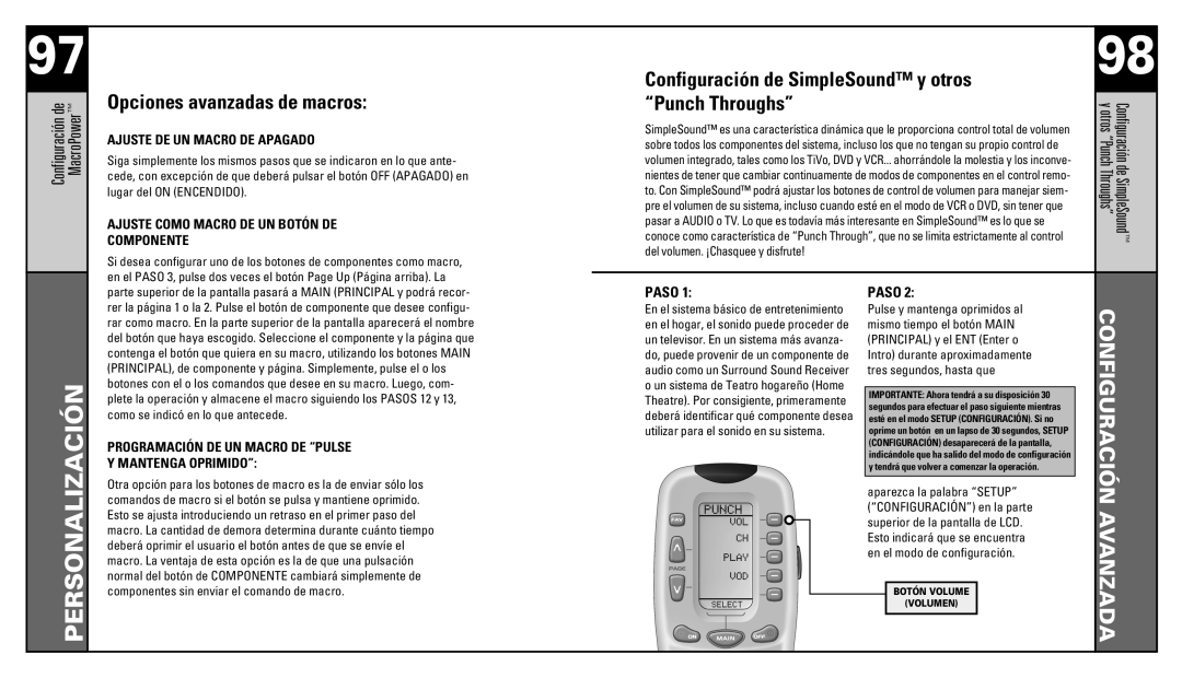 Universal Remote Control RF20 manual Opciones avanzadas de macros, Configuración de SimpleSound y otros Punch Throughs 