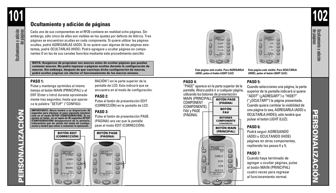 Universal Remote Control RF20 manual Ocultamiento y adición de páginas 