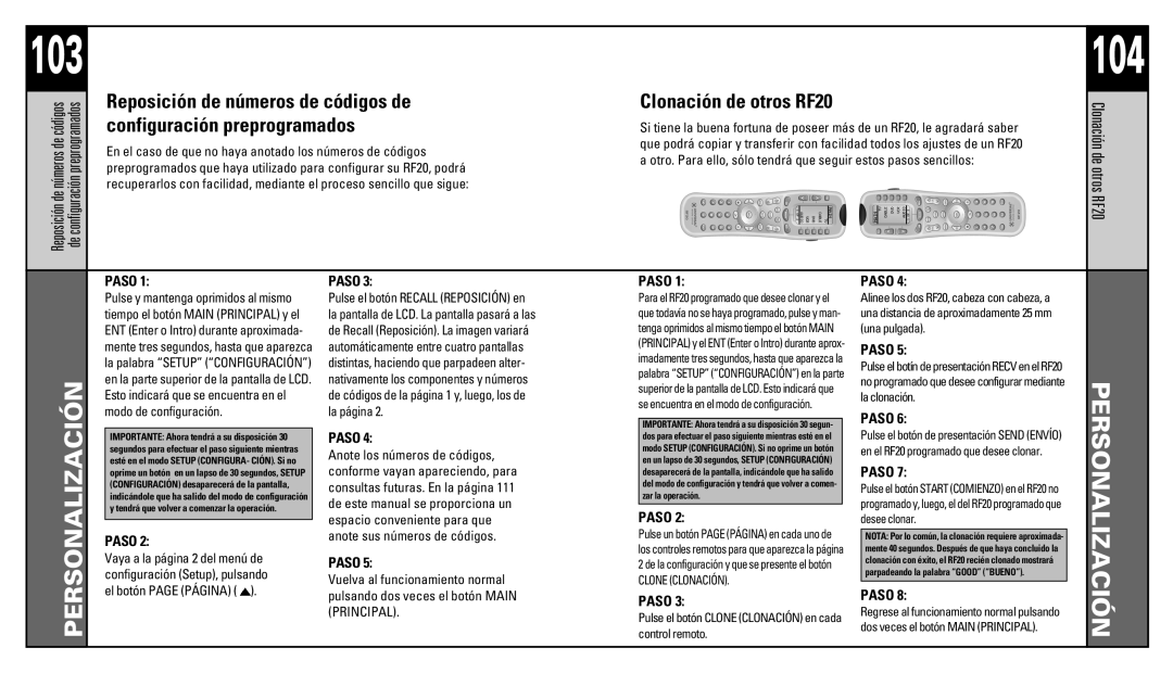 Universal Remote Control RF20 manual Reposición de números de códigos de, Configuración preprogramados 