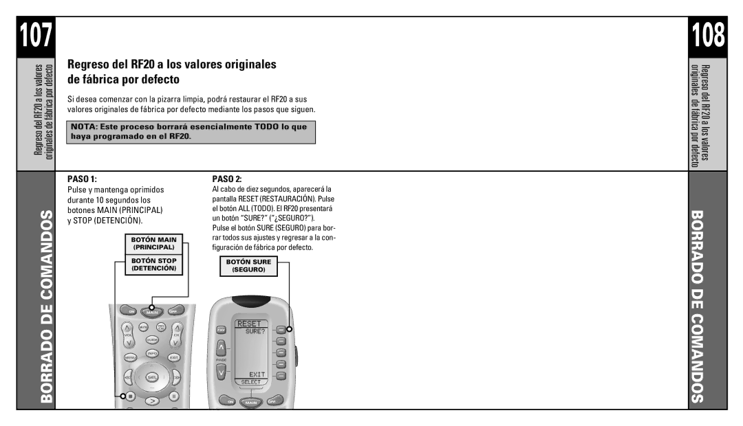 Universal Remote Control manual 107, Del RF20 a los valores De fábrica por defecto 