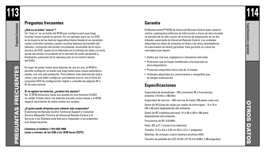 Universal Remote Control RF20 manual Preguntas Frecuentes, Otros Datos, Preguntas frecuentes, Garantía, Especificaciones 