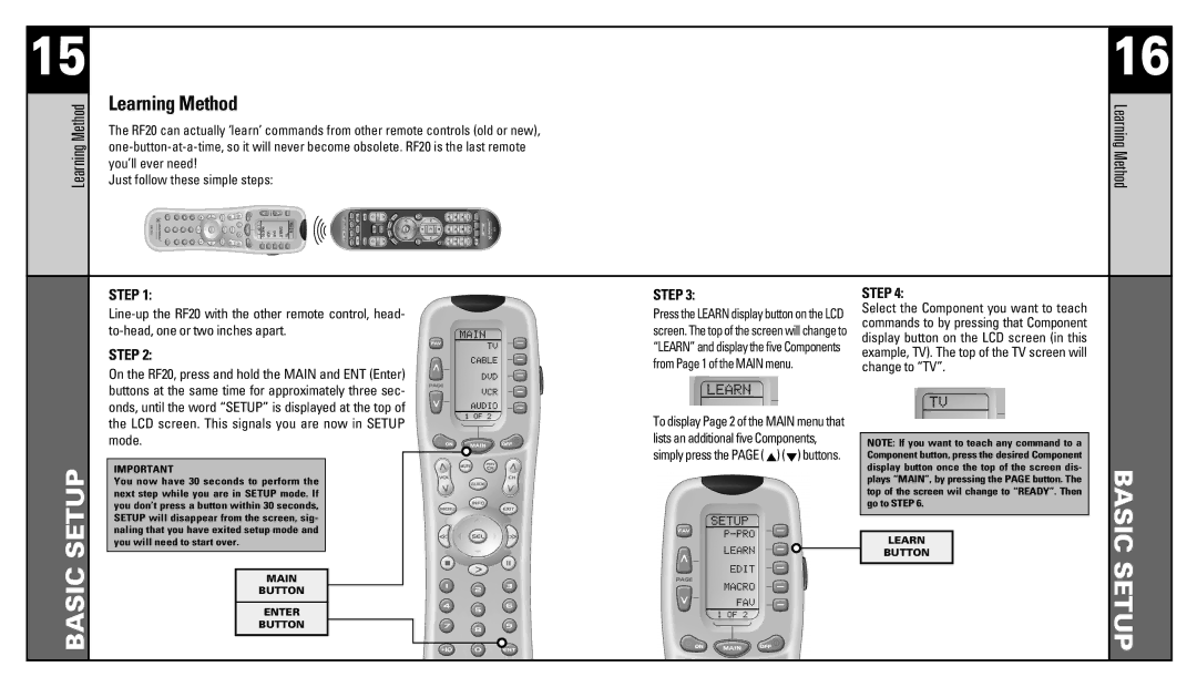 Universal Remote Control RF20 manual Learning Method 