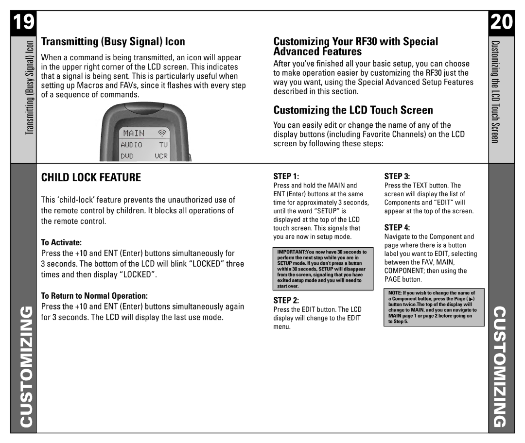 Universal Remote Control RF30 manual Transmitting Busy Signal Icon, Customizing the LCD Touch Screen 